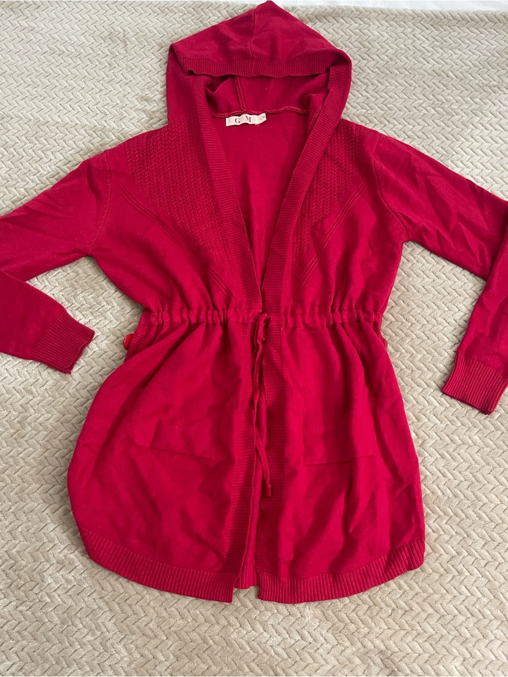 Red Hooded Drawstring Cardigan Sweater